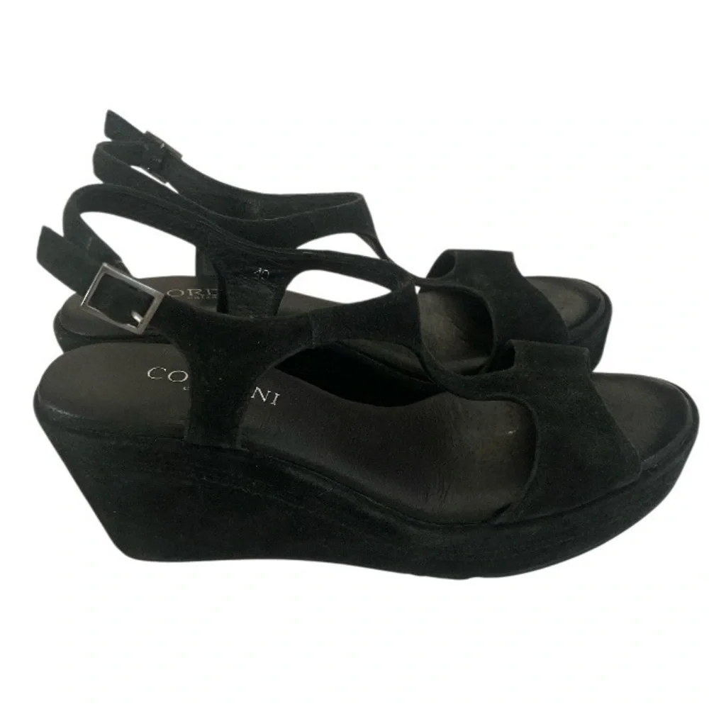 Cordani Calzature Black Suede T-Strap Wedge Sandal size 9